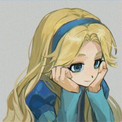 1girl blonde_hair blue_dress blue_eyes blue_hairband blue_jacket closed_mouth dress grey_background hairband hands_on_own_cheeks hands_on_own_face head_on_hands jacket long_hair long_sleeves maria_robotnik nabe0915199212 parted_bangs sidelocks smile solo sonic_(series) upper_body