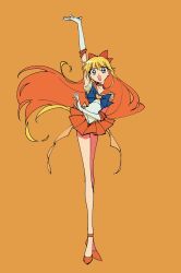 Rule 34 | 1girl, aino minako, arm up, bishoujo senshi sailor moon, blonde hair, blue bow, blue bowtie, blue eyes, bow, bowtie, bright pupils, choker, elbow gloves, full body, gloves, hair bow, highres, long hair, long legs, looking at viewer, miniskirt, open mouth, orange background, orange shoes, orange skirt, outstretched arm, pleated skirt, pochi (askas is god), red bow, sailor collar, sailor senshi uniform, sailor shirt, sailor venus, shirt, shoes, simple background, skirt, solo, very long hair, white gloves, white shirt