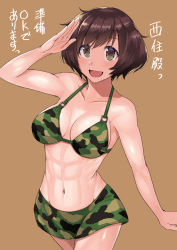 1girl :d abs akiyama_yukari arm_up bare_arms bare_shoulders bikini blush breasts brown_background brown_eyes brown_hair camouflage camouflage_bikini camouflage_skirt cleavage collarbone commentary_request cowboy_shot female_focus girls_und_panzer halterneck highleg japanese_text kokuriu linea_alba looking_at_viewer matching_hair/eyes medium_breasts microskirt muscular muscular_arms muscular_female navel obliques open_mouth salute short_hair simple_background skirt smile solo standing stomach string_bikini swimsuit tareme translation_request