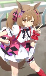 1girl absurdres animal_ears black_bow blurry blurry_background blush bow breasts brown_eyes brown_hair center_frills collared_shirt commentary_request day depth_of_field dress_shirt feet_out_of_frame frills hand_up highres horse_ears horse_girl horse_tail index_finger_raised leaning_forward medium_breasts one_eye_closed open_mouth outdoors pink_skirt pleated_skirt red_socks shirt skirt smart_falcon_(umamusume) socks solo standing syhan tail twintails umamusume white_shirt wrist_cuffs