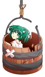 1girl :o bandaid bucket commentary_request dairi damaged furrowed_brow green_eyes green_hair hair_bobbles hair_ornament in_bucket in_container japanese_clothes kimono kisume large_variant_set looking_at_viewer open_mouth short_hair solo sweatdrop tachi-e torn_clothes torn_kimono touhou transparent_background two_side_up variant_set white_kimono