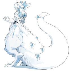Rule 34 | 1boy, animal feet, animal hands, black eyes, blue hair, bow, claws, commentary, demi (dizzyspells), digitigrade, dizzyspells, dragon boy, dragon horns, dragon tail, english commentary, full body, hair bow, highres, horns, long hair, looking at viewer, looking back, male focus, monster boy, off shoulder, original, pointy ears, ribbon, simple background, solo, standing, tail, tail ornament, tail ribbon, thick tail, thighhighs, trap, white background, white hair, white thighhighs