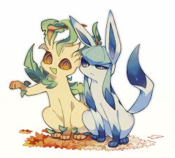 Rule 34 | :&lt;, @ @, akadako, animal focus, artist name, autumn leaves, averting eyes, bags under eyes, blue hair, blue sclera, brown sclera, closed mouth, colored sclera, full body, gen 4 pokemon, glaceon, half-closed eyes, hand up, happy, leaf, leafeon, long hair, looking at another, looking to the side, nintendo, no humans, notched ear, open mouth, pokemon, pokemon (creature), sidelocks, signature, simple background, sitting, smile, twitter username, white background, white eyes