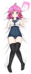 ! 1girl ? ahoge bed_sheet black_neckerchief black_thighhighs blue_one-piece_swimsuit blue_sailor_collar blunt_bangs blunt_ends blush breasts clenched_hands collarbone commentary_request covered_navel drawing expressionless gluteal_fold hand_up highres kinnikku legs looking_at_viewer love_live! love_live!_nijigasaki_high_school_idol_club lying neckerchief no_shoes on_bed one-piece_swimsuit paper pink_hair rina-chan_board sailor_collar school_swimsuit school_swimsuit_flap shirt short_hair sleeveless sleeveless_shirt small_breasts solo swimsuit tennoji_rina thighhighs thighs white_shirt yellow_eyes