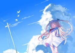 Rule 34 | 1girl, :d, ahoge, arms behind back, ascot, atri, atri-my dear moments-, bird, blush, buttons, closed eyes, cloud, cloudy sky, day, dress, highres, open mouth, red ascot, red eyes, sailor collar, sailor dress, sky, smile, solo, standing, white dress, ze ping45283