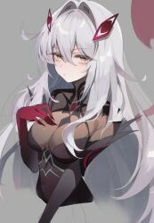 1girl black_dress breasts closed_mouth dress eye_hair_ornament eye_symbol genshin_impact gloves hair_between_eyes hair_intakes hair_ornament highres long_hair looking_at_viewer lumo_1121 ronova_(genshin_impact) simple_background solo symbol-shaped_pupils upper_body white_hair yellow_eyes