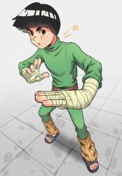 Rule 34 | 1boy, bandaged arm, bandaged hand, bandages, belt, black eyes, black hair, blunt bangs, blush, bodysuit, bowl cut, fighting stance, from above, full body, green bodysuit, highres, leg warmers, looking at viewer, male focus, martial arts, naruto (classic), naruto (series), orange leg warmers, parted lips, red belt, rock lee, sandals, short hair, solo, thick eyebrows, tile floor, tiles, trano 613