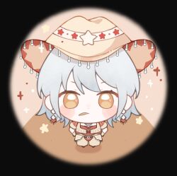 1girl adventure_ride_(infinity_nikki) baonu_de_zhanshen_caibutou belt belt_buckle black_border blush_stickers border brown_belt brown_eyes brown_gloves brown_hat brown_pants brown_shoes brown_sleeve_cuffs brown_vest buckle chibi chinese_commentary commentary_request cowboy_hat cowgirl_(western) cross-laced_clothes cross-laced_top dot_nose earrings eyelashes fringe_trim from_above gloves grey_hair hallway hands_on_own_hips hat highres indoors infinity_nikki jewelry light_particles looking_at_viewer medium_hair mouth_hold nikki_(series) pants red_shirt red_shorts round_border shadow shirt shoes short_sleeves shorts solo sparkle stalk_in_mouth standing star_(symbol) star_print straight-on vertical-striped_sleeves vest