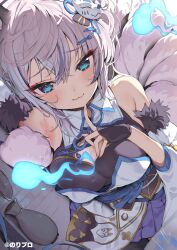 1girl :d animal_ears armpit_crease armpits bare_shoulders black_gloves blue_eyes blue_sash breasts cleavage cleavage_cutout close-up clothing_cutout crossed_bangs cup detached_sleeves eyeliner finger_to_own_chin fingerless_gloves fox_ears fox_girl fox_mask fox_tail from_above fur-trimmed_sleeves fur_trim gloves grey_hair hair_ornament highres hitodama inari_iroha large_breasts looking_at_viewer lying makeup mask multiple_tails nontraditional_miko noripro obi on_floor on_side open_mouth pleated_skirt pomesaurus purple_skirt red_eyeliner sakazuki sash skirt smile solo tail tatami tokkuri upper_body virtual_youtuber wide_sleeves