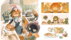 1girl absurdres annoyed arknights baking_sheet basket black_gloves bowl brick_oven cabinet chinese_commentary closed_eyes commentary_request cooking croissant crownslayer_(arknights) cup cupcake cutting_board dated dopperu_ben eating elbow_gloves food food_in_mouth frying_pan gastly gen_1_pokemon gen_3_pokemon gen_5_pokemon gen_7_pokemon gen_8_pokemon gloves highres hyena_ears hyena_girl hyena_tail indoors knife_block legendary_pokemon marshadow marshadow_(gloom) musharna mythical_pokemon nintendo on_head open_mouth oven oven_mitts pizza pizza_slice plate pokemon pokemon_(creature) pokemon_on_head raboot red_eyes red_hair rolling_pin shirt short_hair short_sleeves signature simple_background smile spatula spoon teacup torkoal whisk white_background white_shirt wooden_spoon zoroark