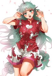 1girl absurdres blush breasts cherry_blossoms claw_pose cloud_print collared_shirt commentary_request curly_hair fangs green_eyes green_hair green_tail highres horns kariyushi_shirt komainu_ears komainu_girl komano_aunn kuya_(hey36253625) medium_breasts red_shirt shirt short_sleeves shorts simple_background single_horn touhou upper_body white_background white_shorts
