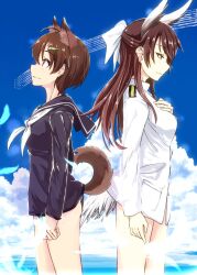 2girls animal_ears bird_ears bird_girl bird_tail blue_sky bow brave_witches breasts brown_eyes brown_hair cloud cloudy_sky dog_ears dog_girl dog_tail hair_bow highres irue jacket karibuchi_hikari karibuchi_takami long_hair medium_breasts military military_uniform multiple_girls no_pants outdoors sailor_collar school_uniform short_hair sky standing tail white_jacket white_sailor_collar world_witches_series