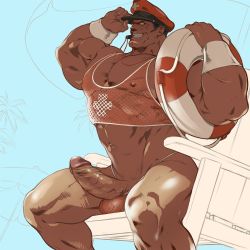 Rule 34 | 1boy, abs, bara, bare pectorals, biceps, capcom, chair, cropped shirt, dark-skinned male, dark skin, dizdoodz, erection, feet out of frame, fishnet legwear, fishnet top, fishnets, hat, innertube, large pectorals, lifeguard, lifeguard chair, m. bison, male focus, midriff, military hat, muscular, muscular male, navel, nipples, no pupils, nude, pectorals, penis, red hat, revealing clothes, simple background, sitting, solo, stomach, street fighter, swim ring, thighs, uncensored, veins, veiny penis, whistle, whistle around neck