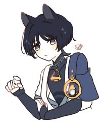 Rule 34 | 1boy, 6seox gb, animal ears, black bodysuit, black bridal gauntlets, black hair, blue cape, blue gemstone, blue kimono, blue sleeves, blunt ends, blush, bodysuit, bridal gauntlets, bright pupils, cape, cat boy, cat ears, clenched hand, closed mouth, covered collarbone, cropped torso, eyeliner, eyeshadow, gem, genshin impact, gold, grey eyes, hand on own arm, highres, japanese clothes, juban, kimono, layered sleeves, looking at viewer, makeup, male focus, mandarin collar, open clothes, open kimono, paw print, red eyeliner, red eyeshadow, scaramouche (genshin impact), short sleeves, shoulder peek, solo, wanderer (genshin impact), white background, white kimono, white pupils, white sleeves, wispy bangs