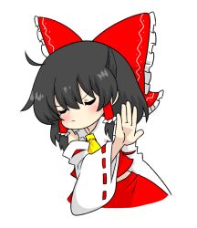 Rule 34 | 1girl, ahoge, ascot, black hair, bow, closed eyes, collared shirt, deformed, detached sleeves, drakeposting (meme), frilled bow, frilled hair tubes, frilled shirt collar, frills, hair bow, hair tubes, hakurei reimu, kumanou22, long hair, meme, nontraditional miko, red bow, red ribbon, red shirt, red skirt, ribbon, shirt, sidelocks, skirt, sleeveless, sleeveless shirt, touhou, white sleeves, wide sleeves, yellow ascot