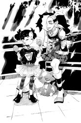 1boy 1girl aged_down asymmetrical_bangs belt bike_shorts blush_stickers boots brother_and_sister closed_eyes commentary eyelashes gen_8_pokemon greyscale instrument kmtk leggings long_hair maracas marnie_(pokemon) monochrome multicolored_hair music nintendo piers_(pokemon) playing_instrument pokemon pokemon_(creature) pokemon_swsh shirt short_sleeves siblings sitting standing tank_top toxel two-tone_hair