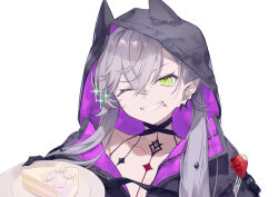 1girl absurdres black_jacket body_markings breasts cake choker collarbone crossed_bangs daisi_gi demon_girl demon_horns demon_wings ear_piercing fate/grand_order fate_(series) food fork fruit green_eyes grey_hair grin hair_between_eyes highres hood horns jacket lilith_(fate) lilith_(first_ascension)_(fate) long_hair long_sleeves looking_at_viewer medium_breasts one_eye_closed piercing plate sidelocks smile solo sparkle strawberry wings