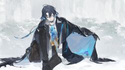 1boy absurdres ahoge arknights ascot bag black_cape black_coat black_gloves black_hair black_pants black_shoes blue_ascot blue_cape blue_hair blue_ribbon bush cape closed_mouth coat collar collared_shirt colored_inner_hair commentary curtained_hair earrings english_commentary flower foot_out_of_frame freckles gloves hair_between_eyes hand_on_own_knee highres infection_monitor_(arknights) jewelry knee_up long_sleeves looking_at_flowers looking_at_object looking_down looking_to_the_side lumen_(arknights) male_focus meru02295238 multicolored_hair on_ground open_clothes open_coat orange_eyes outdoors outstretched_arm pale_skin pants pointy_ears protecting purple_flower ribbon scarf shell shell_earrings shirt shoes short_hair sitting snow solo stole tree two-sided_cape two-sided_fabric white_scarf white_shirt