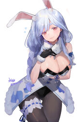 1girl absurdres animal_ear_fluff animal_ears bare_shoulders black_gloves blue_hair blush braid breasts cleavage cosplay don-chan_(usada_pekora) dress fur-trimmed_dress fur_trim gloves highres hololive large_breasts leotard long_hair looking_at_viewer mature_female mizuto_aya multicolored_hair pantyhose pekomama rabbit_ears rabbit_girl red_eyes short_eyebrows smile solo thick_eyebrows two-tone_hair usada_pekora usada_pekora_(1st_costume) usada_pekora_(cosplay) virtual_youtuber white_dress white_hair