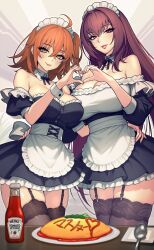 2girls absurdres ahoge alternate_costume apron bare_shoulders black_dress black_thighhighs blush breasts cleavage detached_collar dress dynamitenatalia enmaided fate/grand_order fate_(series) food fujimaru_ritsuka_(female) heart heart_hands highres ketchup_bottle long_hair looking_at_viewer maid maid_headdress multiple_girls omelet one_side_up orange_eyes orange_hair plate purple_hair red_eyes scathach_(fate) short_dress short_hair smile thighhighs waist_apron white_apron