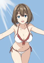 1girl absurdres bikini blue_eyes blue_sky bone_namu(namu49850) breasts brown_hair cleavage commentary_request frilled_bikini frills front-tie_bikini_top front-tie_top hair_ornament highres kantai_collection leaning_forward maya_(kancolle) medium_breasts outstretched_arms short_hair side-tie_bikini_bottom sky smile solo swimsuit white_bikini x_hair_ornament
