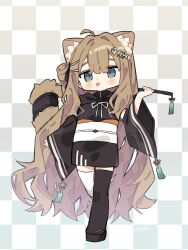 Rule 34 | 1girl, ahoge, animal ear fluff, animal ears, asymmetrical legwear, black hoodie, black kimono, black sleeves, black thighhighs, blue eyes, blush, blush stickers, brown hair, cat ears, cat girl, cat tail, checkered background, chibi, commentary request, detached sleeves, full body, green eyes, hair between eyes, hair ornament, hairclip, highres, holding, hood, hood down, hoodie, japanese clothes, kimono, kipfel (vrchat), long hair, long sleeves, looking at viewer, mismatched legwear, notamaru 2, obi, okobo, open mouth, platform sandals, ribbon, sandals, sash, short kimono, solo, standing, tail, tassel, thighhighs, tongue, tongue out, very long hair, vrchat, white thighhighs, wide sleeves, zouri
