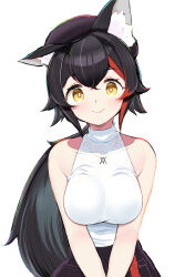 1girl absurdres animal_ear_fluff animal_ears beret black_hair black_skirt breasts hat highres hololive jewelry kani_bonara large_breasts long_hair low_ponytail multicolored_hair ookami_mio ookami_mio_(street) own_hands_together pendant ponytail red_hair shirt skirt sleeveless sleeveless_shirt smile streaked_hair virtual_youtuber white_background wolf_ears wolf_girl yellow_eyes