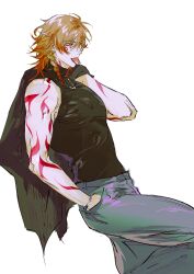 1boy absurdres arm_up bare_shoulders black_shirt blonde_hair blue_pants body_markings braid candy denim feet_out_of_frame food food_in_mouth hand_in_pocket highres holding holding_unworn_clothes honkai:_star_rail honkai_(series) jeans jewelry lollipop lollipop_in_mouth looking_ahead male_focus multicolored_hair mydei_(honkai:_star_rail) necklace pants red_hair shirt side_braid simple_background single_braid sleeveless sleeveless_shirt solo swirl_lollipop toned toned_male white_background xinjinjumin351459669438 yellow_eyes