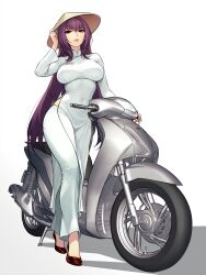 1girl ao_dai breasts conical_hat dress dynamitenatalia fate/grand_order fate_(series) full_body hat high_heels highres large_breasts long_hair motor_vehicle pants parted_lips purple_hair red_eyes rice_hat scathach_(fate) scooter simple_background solo standing very_long_hair vietnamese_clothes white_background white_dress white_pants