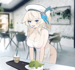 1girl :d alternate_breast_size apron beret blonde_hair blue_bow blue_eyes blush bow breasts cleavage d5y0m girls&#039;_frontline girls&#039;_frontline_2:_exilium groin hair_between_eyes hair_bow hat heart_sticker highres indoors large_breasts leaning_forward long_hair looking_at_viewer medium_hair mr._pizza_(girls&#039;_frontline_2) open_mouth side_ponytail smile solo standing sticker_on_face teeth tray upper_teeth_only v_arms vepley_(girls&#039;_frontline_2) white_apron white_hat