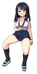 1girl ass_peek black_hair blush breasts cleavage collarbone diagonal-striped_clothes diagonal-striped_necktie full_body highres kneehighs large_breasts long_hair looking_at_viewer loose_necktie maruput necktie open_mouth original pleated_skirt school_uniform see-through_clothes simple_background sitting skirt socks solo striped_clothes sweat thighs very_sweaty wet wet_clothes white_background