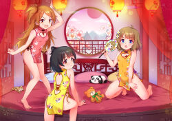 2girls absurdres architecture ass back barefoot bed breasts cat china_dress chinese_clothes dress east_asian_architecture hand_fan highres idolmaster idolmaster_million_live! indoors kneeling koaya lantern lattice loli looking_at_viewer multiple_girls nakatani_iku ogami_tamaki on_bed paper_lantern pout small_breasts stuffed_animal stuffed_toy suou_momoko teddy_bear thighs