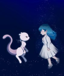 1girl absurdres ambertwo_(pokemon) blue_hair commentary_request dress eye_contact from_side fuyu_(utngrtn) gen_1_pokemon hand_up highres legendary_pokemon long_hair long_sleeves looking_at_another mewtwo neck_ribbon night nintendo open_mouth outdoors pokemon pokemon:_the_first_movie_-_mewtwo_strikes_back pokemon_(anime) pokemon_(classic_anime) pokemon_(creature) red_ribbon ribbon shoes sky smile star_(sky) watermark