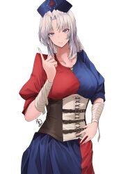 1girl absurdres adapted_costume blue_dress blue_hat constellation_print corset cross dress hat highres multicolored_dress nurse_cap red_cross red_dress short_sleeves signature simple_background solo split-color_clothes touhou trigram two-tone_dress white_background yagokoro_eirin yagoro_kusuriya