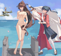 3girls aircraft airplane barefoot black_hair black_hakama blue_eyes blue_sky breasts brown_hair cherry_blossoms clothed_female_nude_female completely_nude covering_breasts covering_crotch covering_privates day fairy_(kancolle) fine_art_parody floating_dock floatplane flower hair_censor hair_flower hair_intakes hair_ornament hair_ribbon hakama hakama_skirt headgear highres himeyamato houshou_(kancolle) houshou_kai_ni_(kancolle) japanese_clothes kantai_collection kimono large_breasts long_hair medium_breasts mini_person minigirl multiple_girls navel nude ocean outdoors pantyhose parody pink_kimono ponytail red_eyes ribbon sash seaplane shoulder_sash sidelocks skirt sky smile standing standing_on_liquid tasuki the_birth_of_venus very_long_hair white_pantyhose yamato_(kancolle) yamato_kai_ni_(kancolle)