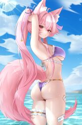 1girl adjusting_hair ahoge animal_ear_fluff animal_ears arms_up ass bikini blue_sky blush breasts cloud commentary day frilled_thigh_strap from_behind high_ponytail highres indie_virtual_youtuber large_breasts long_hair looking_at_viewer looking_back outdoors pink_eyes pink_hair pink_tail ponytail pr_ponnyan purple_bikini sky solo star-shaped_pupils star_(symbol) sunlight swimsuit symbol-only_commentary symbol-shaped_pupils tail thigh_strap underboob very_long_hair virtual_youtuber wading water