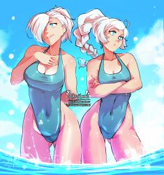2girls absurdres arm_behind_back blue_eyes blue_sky cloud commentary crossed_arms english_commentary haysey highres multiple_girls rwby siblings signature sisters sky swimsuit wading water weiss_schnee white_hair winter_schnee