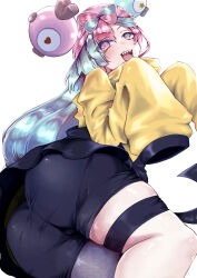 1girl absurdres ass ass_focus bike_shorts black_shorts blue_hair bow-shaped_hair character_hair_ornament creatures_(company) game_freak grey_pantyhose hair_ornament hexagon_print higami-chan highres iono_(pokemon) jacket long_hair long_sleeves looking_at_viewer low-tied_long_hair multicolored_hair nintendo open_mouth oversized_clothes pantyhose pink_hair pokemon pokemon_sv sharp_teeth shorts single_leg_pantyhose sleeves_past_fingers sleeves_past_wrists smile solo split-color_hair teeth thigh_strap very_long_sleeves x yellow_jacket