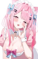 1girl absurdres ahoge animal_ears bandaid bandaid_hair_ornament black_choker blue_bow blush bow breasts cat_choker cat_ears cat_girl choker cleavage commentary crossed_bandaids dress extra_ears fish_hair_ornament ghost_hair_ornament hair_bow hair_ornament hairclip heart heart_hair_ornament highres indie_virtual_youtuber large_breasts leaning_forward long_hair looking_at_viewer maid maid_headdress miname_(miname21) o-ring o-ring_choker open_mouth pink_bow pink_dress pink_eyes pink_hair short_sleeves simple_background smile solo virtual_youtuber white_background white_wrist_cuffs wing_hair_ornament wrist_cuffs yuuki_sakuna yuuki_sakuna_(1st_costume)