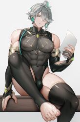 1boy abs alhaitham_(genshin_impact) alpaitham aqua_eyes aqua_hair black_gloves black_leotard black_shirt black_sleeves black_thighhighs bulge cum cum_on_body cum_on_feet fingerless_gloves gem genshin_impact gloves green_gemstone grey_hair hair_between_eyes hair_over_one_eye highres jewelry leotard looking_at_viewer male_focus multicolored_hair muscular muscular_male navel nipples shirt short_hair solo streaked_hair thighhighs white_hair