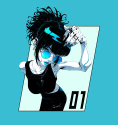 Rule 34 | 1girl, absurdres, black nails, blue-tinted eyewear, blue background, blue lips, commentary, cyborg, earrings, english commentary, godtail, heart, heart earrings, highres, jewelry, necklace, original, round eyewear, signature, solo, sunglasses, tinted eyewear, yin yang
