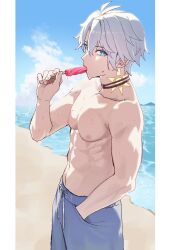 Rule 34 | 1boy, abs, alternate costume, antenna hair, arm up, beach, black choker, blue eyes, blue male swimwear, blue swim trunks, choker, cloud, collarbone, commentary, cowboy shot, english commentary, fingernails, food, food in mouth, hazozoyaku, highres, holding, holding food, holding popsicle, honkai: star rail, honkai (series), hot, looking to the side, male focus, male swimwear, mountain, navel, neck tattoo, nipples, ocean, pectorals, phainon (honkai: star rail), pillarboxed, popsicle, popsicle in mouth, short hair, sky, solo, standing, sun symbol, sun tattoo, sweat, swim trunks, tan, tattoo, toned, toned male, topless male, water, white hair