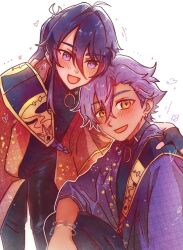 2boys :d ahoge arm_around_neck arm_on_knee bent_over black_choker black_gloves black_pants bracelet choker crossed_bangs curtained_hair dark-skinned_male dark_skin double-parted_bangs earrings ensemble_stars! feet_out_of_frame fingerless_gloves flower_symbol gloves hair_between_eyes hand_on_another&#039;s_shoulder haori heads_together heart highres idol implied_yaoi japanese_clothes jewelry kanzaki_souma kikumon knee_up leaning_on_person long_hair looking_at_viewer male_focus motion_lines motoyui multiple_boys multiple_bracelets o-ring o-ring_choker official_alternate_costume open_mouth otogari_adonis outline pants parted_bangs ponytail purple_eyes purple_hair purple_haori red_haori short_hair sidelocks silver_bracelet simple_background smile three-quarter_sleeves tight_clothes tight_pants v-shaped_eyebrows white_background white_outline whiten_wolf wide_sleeves yellow_eyes