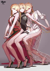 3girls absurdres bare_legs black_dress blonde_hair blush breasts china_dress chinese_clothes cleavage closed_mouth commentary dress earrings english_commentary full_body girls&#039;_frontline glass_slipper high_heels highres holding_hands jewelry legs long_hair looking_at_viewer multiple_girls multiple_persona official_alternate_hairstyle open_mouth orange_eyes ots-14_(destined_love)_(girls&#039;_frontline) ots-14_(girls&#039;_frontline) ots-14_(ruler_of_the_banquet)_(girls&#039;_frontline) ots-14_(sangria_succulent)_(girls&#039;_frontline) parted_lips red_dress see-through_clothes see-through_footwear simple_background smile strappy_heels tomafumi tongue tongue_out white_dress