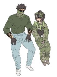 Rule 34 | 1boy, 1girl, arm tattoo, black gloves, black hair, brown hair, bulletproof vest, burn scar, call of duty, call of duty: modern warfare 2, camouflage, camouflage pants, combat helmet, cosplay, costume switch, denim, gloves, green shirt, headset, helmet, horangi (modern warfare 2), invisible chair, jeans, long sleeves, looking at another, mask, military combat uniform, military uniform, mouth mask, niktatek0, original, own hands together, pants, scar, shirt, shirt tucked in, shoes, short hair, simple background, sitting, smile, sunglasses, tattoo, white background, white shoes