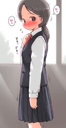 Rule 34 | 1girl, absurdres, black eyes, black hair, black vest, blush, clenched hand, collared shirt, female focus, fidgeting, flustered, flying sweatdrops, from side, hair ornament, hairclip, heart, highres, long sleeves, necktie, original, pleated skirt, ponytail, red necktie, shirt, shy, skirt, solo, spoken heart, umekko, vest, white shirt