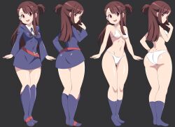 1girl absurdres abysswatchers ass black_background bra breasts brown_hair cleavage closed_mouth commission eyebrows_hidden_by_hair from_behind full_body gluteal_fold groin hand_in_own_hair highres kagari_atsuko little_witch_academia long_hair looking_at_viewer looking_back medium_breasts multiple_views navel open_mouth panties purple_footwear red_eyes simple_background smile stomach teeth underwear underwear_only upper_teeth_only white_bra white_panties