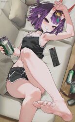 1girl absurdres arm_up armpits bare_legs barefoot beer_can black_choker black_shorts black_tank_top blunt_ends blush breasts can choker commentary_request controller covered_erect_nipples dolphin_shorts drink_can eyelashes fate/grand_order fate_(series) feet foot_focus foot_out_of_frame foot_up from_above hair_ornament highres holding holding_can horns indoors knee_up korean_commentary legs looking_at_viewer lying medium_hair mokana_moka on_back oni pointy_ears purple_eyes purple_hair remote_control short_shorts shorts shuten_douji_(fate) skin-covered_horns small_breasts smile soles solo spill tank_top toenails