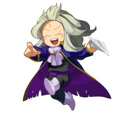 Rule 34 | 1990s (style), 1boy, bad id, bad pixiv id, blush stickers, boots, chibi, coat, ascot, closed eyes, final fantasy, final fantasy vi, forehead, grey hair, male focus, open mouth, paper airplane, pointing, running, scar, setzer gabbiani, smile, solo, torn clothes, ucchii