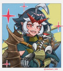 1boy absurdres alien amputee beak blue_background blush border chibi claws clothing_cutout cyborg diamond_(shape) dual_persona gem gem_on_head gigan gigan_(cosplay) godzilla_(series) godzilla_vs._gigan green_hair green_jacket grey_tongue highres holding hook hook_hand jacket kaiju looking_at_viewer mahari_lab mandibles monster monster_boy multicolored_hair one-eyed open_mouth personification pointy_ears prosthesis prosthetic_arm red_eyes sharp_teeth simple_background smile space_monster spikes stinger sunglasses sunglasses_on_head tail tail_blade teeth toho tongue two-tone_background two-tone_hair white_border white_hair wings yellow_background